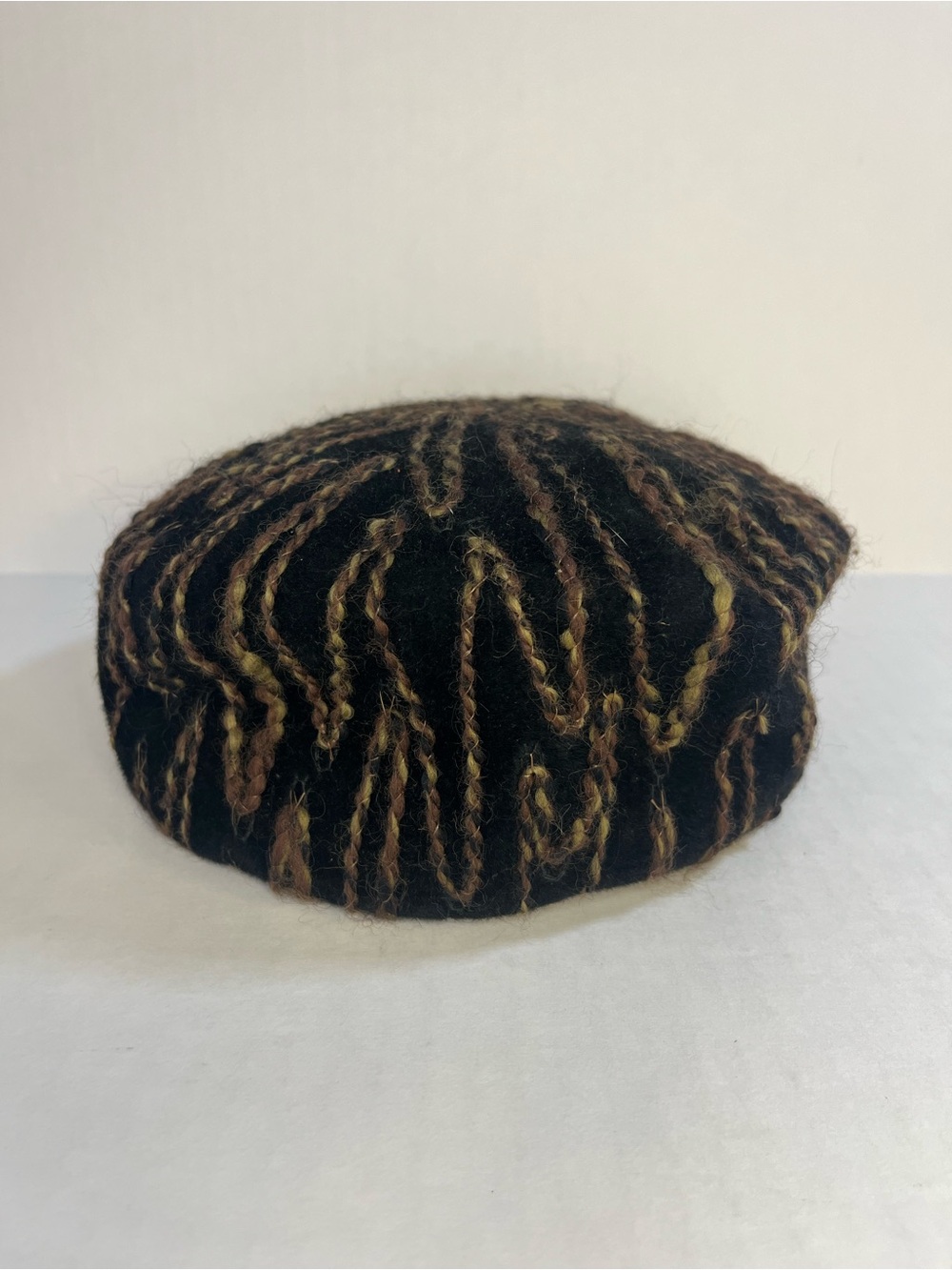 Vintage Black Beret with Brown and Tan Yarn Detail Made in USA New York